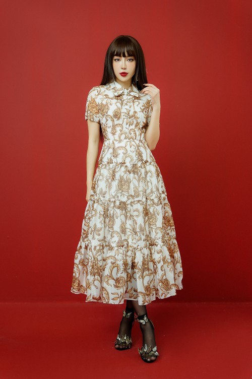 Sixdo White Baroque Print Tiered Midi Dress